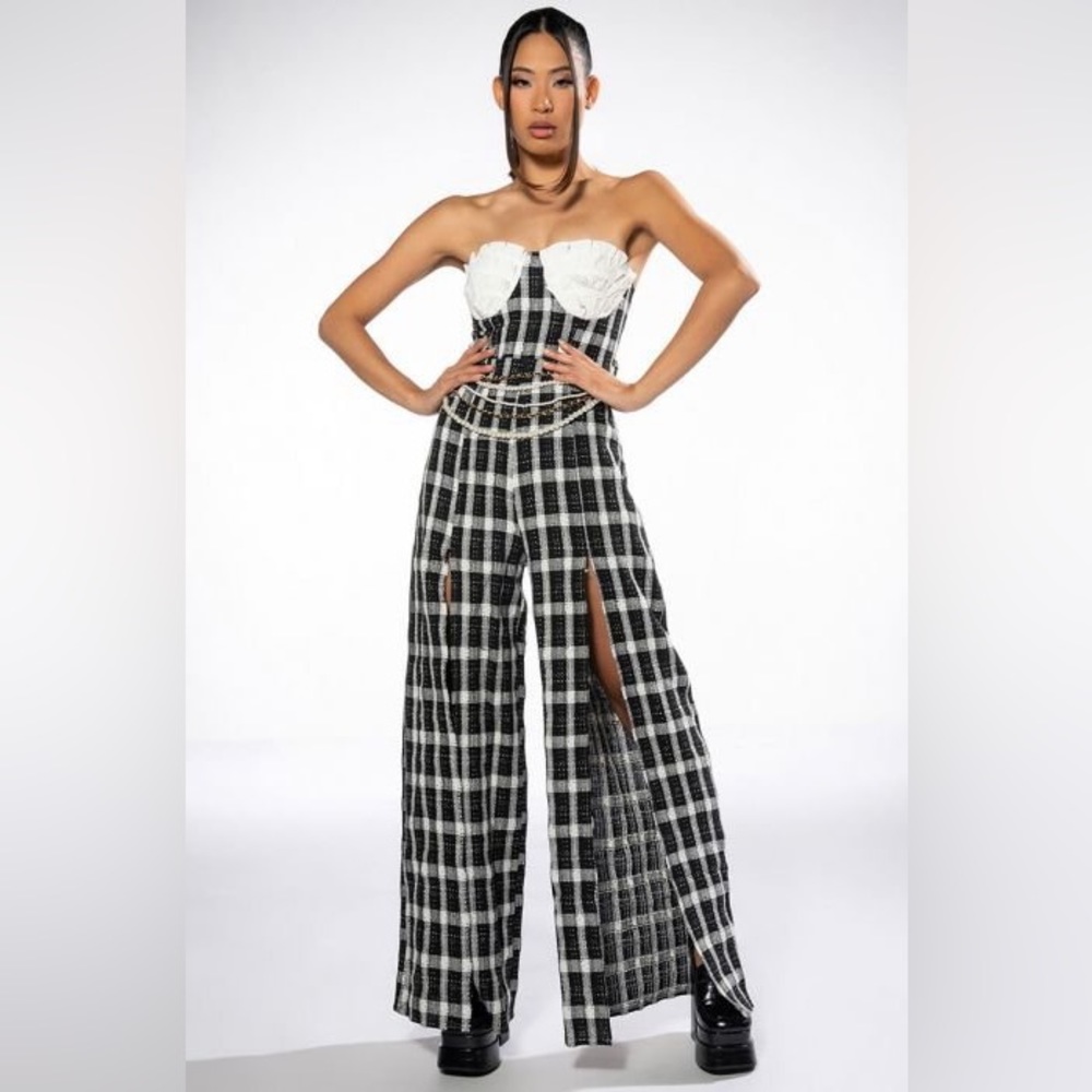 HARLEY STRAPLESS WIDE LEG HIGH SLIT JUMPSUIT In White Black M